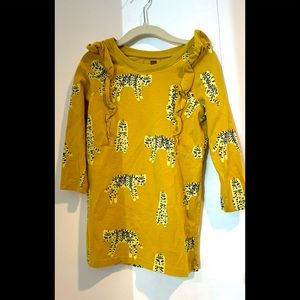 Adorable yellow tiger print dress w/ ruffles. Tea collection. Size 4. Great cond